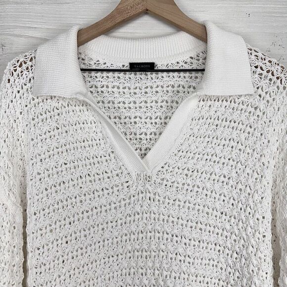 Talbots Sweater Women Size XL‎ Open Stitch Johnny Collar Pullover White Cotton - Picture 3 of 15
